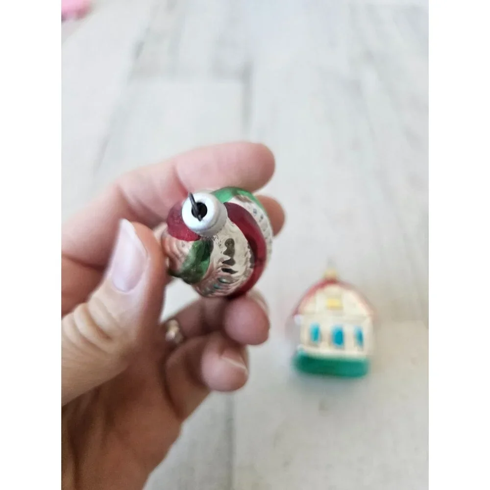 Vintage‎ Mercury glass house spiral red green mini ornament set Xmas tree